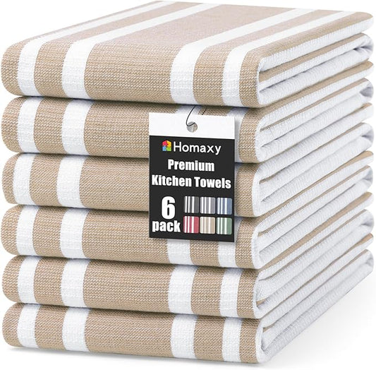 Homaxy Premium Kitchen Towels 18”x 28”, Large Cotton 380 GSM Kitchen Hand Towels, Stripe and Terry Dish Towel, Highly Absorbent Tea Towel Set with Hanging Loop, 6 Pack, Khaki