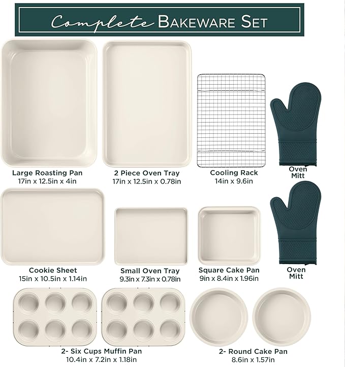 Country Kitchen Nonstick Stackable Bakeware Set - Durable, Easy Release Baking Set, Sage, 13 Pcs