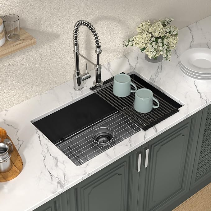 Lordear 30 Black Stainless Steel Kitchen Sink - 30x18 Inch Kitchen Sink Undermount 16 Gauge Stainless Steel Gunmetal Black Single Bowl Handmade Sinks Basin