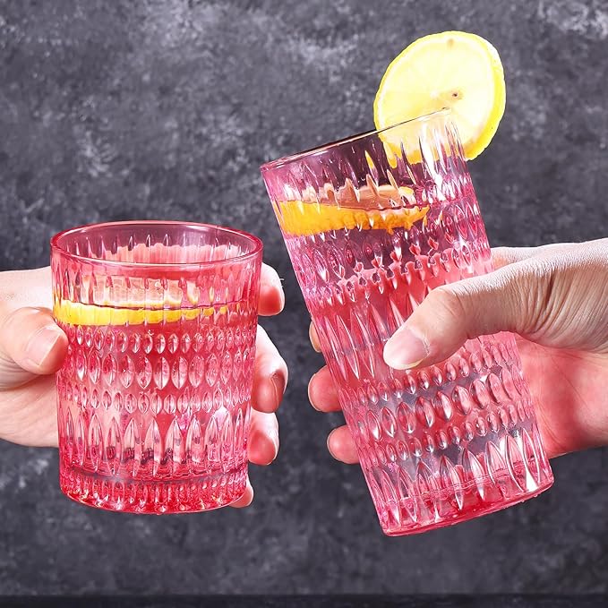 Glassware Drinking Glasses Set of 8, 14 oz Highball Glasses & 10 oz Ribbed Glass Cups, Vintage Glassware for Water, Juice, Cocktail, Whiskey (Pink)