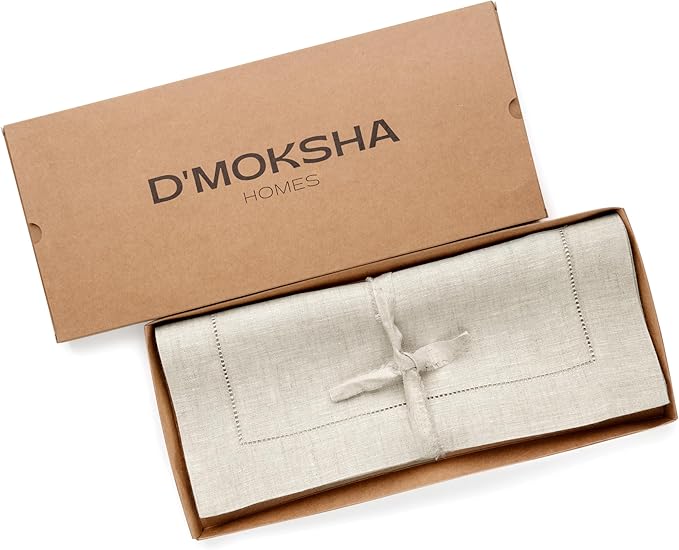 D'Moksha Homes Light Natural Linen Cloth Placemats Set of 4-100% Pure Linen Hemstitch Placemats 14 x 19 Inch - Classic Hemstitch Table Place Mats for Christmas - Handcrafted, Machine Washable