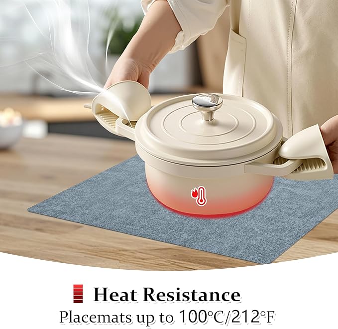 FROMHEART Faux Leather Placemats Set of 6–Waterproof,Heat/Oil Stain-Resistant PU Table Mat–Reversible,Non-Slip,Easy to Clean Place Mats for Kitchen,Dining,Indoor/Outdoor,(Light Blue,11.8" x 17")