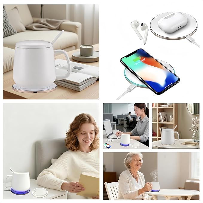 Smart Temperature Control Mug, 13 Oz Premium Ceramic Coffee Cup with 15W Wireless Charger, Charges Phones, Ceramic White