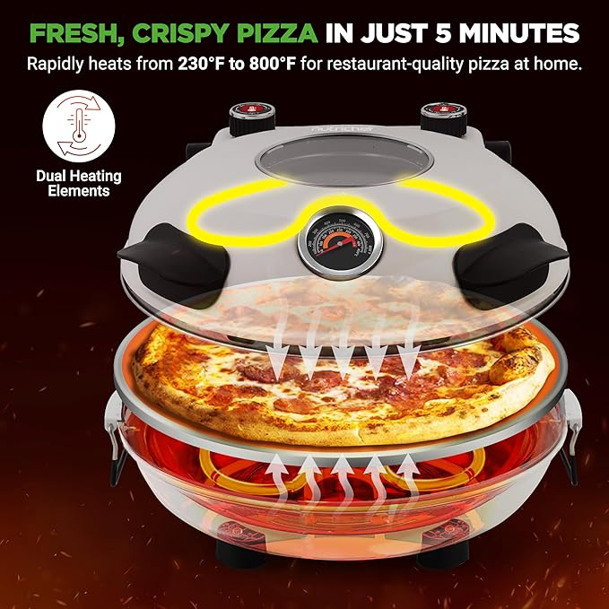 NutriChef Electric Pizza Oven | 1200W Countertop Pizza Maker with Temperature Control & Thermometer | Viewing Window for Precise Cooking | Heats up to 800˚F | Easy to Clean Non-Stick Coating | White