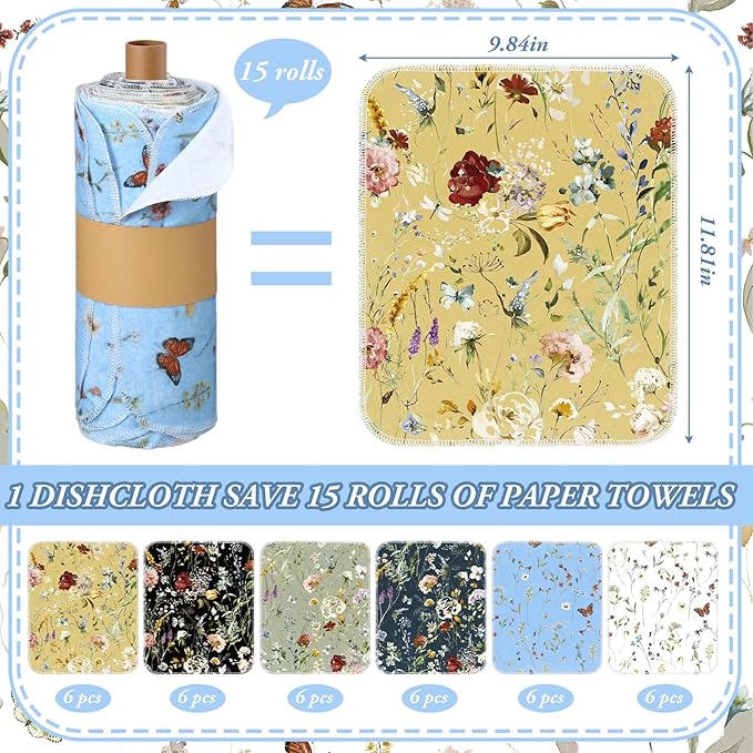 36 Pack Reusable Cleaning Cloths Washable Cotton Kitchen Dish Towels for Home Christmas Party Supplies Bulk, 9.84x11.81in (Rich Flowers)