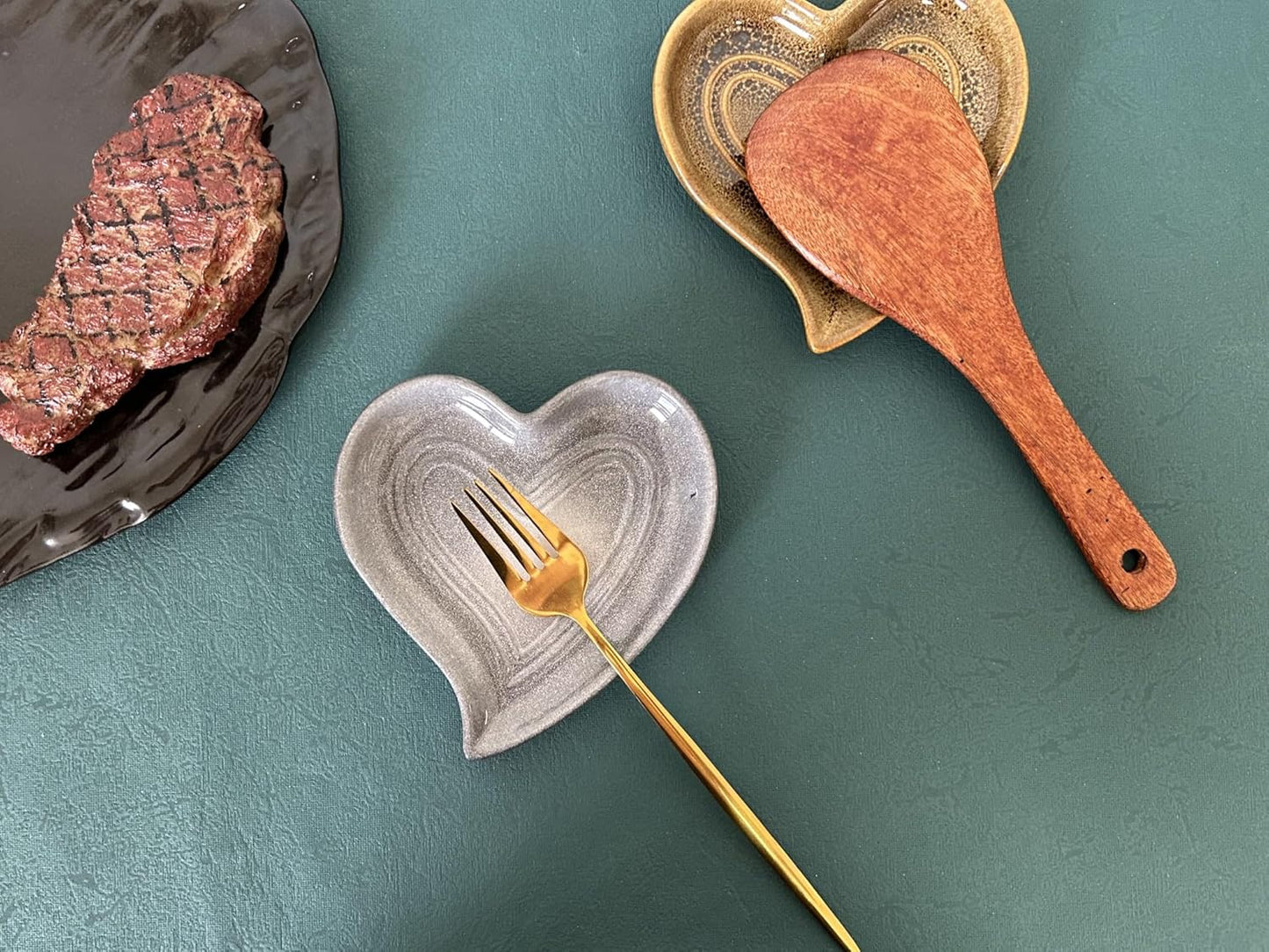 Ceramic Spoon Rest for Stove Top, Heart Cute Spoon Rest for Kitchen Counter, Cooking Spoon Holder for Kitchen Counter, Utensil Rest Spatula Rest Ladle Holder Tong Rest (Volcanic Ash Grey)