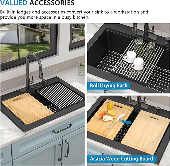 30"x22" Granite Composite Kitchen Sink – Matte Black Ledge Workstation Drop-In Topmount Granite Quartz Classic Single Bowl Sink Basin