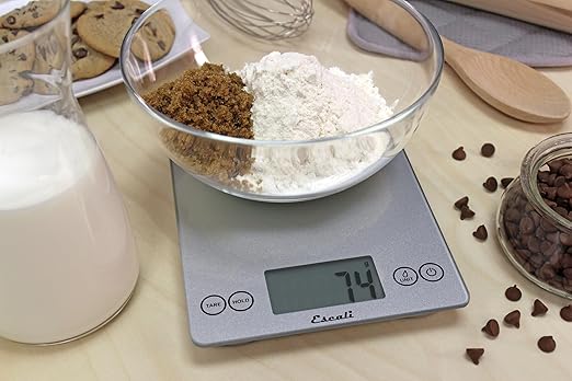 Escali Arti Glass Food Scale Digital Countertop Kitchen, Baking and Cooking Scale with Nutrition and Calorie Counter, 15-Pound Capacity, 9" x 6.5" x .75", Shiny Silver