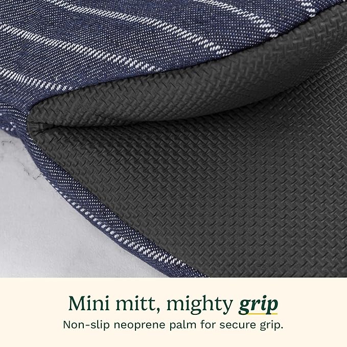 Cuisinart Heritage Mini Oven Mitts–5.5”x7” Heat-Resistant Kitchen Mitts for Oven with Non-Slip Neoprene Palm, Cotton Filling, and Faux Leather Loop–Durable Oven Mitt Set (Denim Pinstripe)