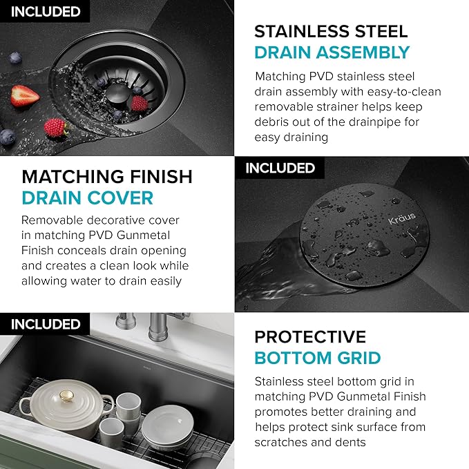 Kraus Kore 33-Inch Farmhouse Workstation with In Sink Dish Drying Rack, Stainless Steel Kitchen Sink Gun Metal Finish, KWF410-33/PGM