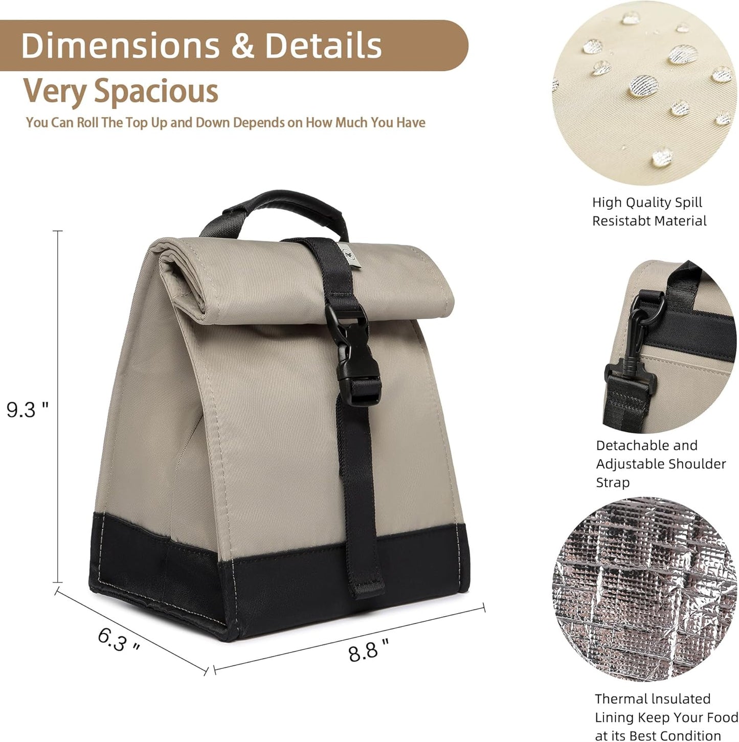 SUNNY BIRD Insulated Lunch Bag Rolltop Lunch Box Tote Bag for Women, Men, Adults and Teens (Grey and black)