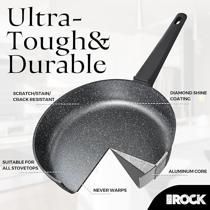 THE ROCK SOHO 11-Inch Non Stick Frying Pan with Lid – Nothing Sticks, Never Warps, Lasts Longer, Healthy Skillet with Heat-Resistant Handle, PFOA Free, Oven & Dishwasher Safe, Black