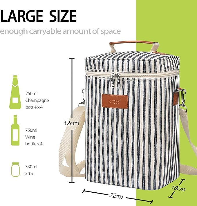 Tirrinia 4 Bottle Leakproof Insulated Wine Carrier Tote Bag - Padded and Portable for Travel, Restaurants, Tastings, Parties - Great Gift for Wine Lovers, Stripe Pattern