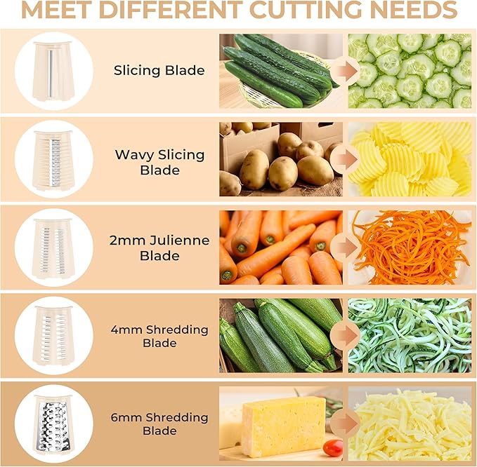 SUSTEAS Rotary Cheese Grater with Handle, Vegetable Slicer, 6 Interchangeable Blades, Reinforced Suction, Easy to Clean, Kitchen Shredder for Crushed Ice, Fruits, Nuts with Blade Storage Case, Beige
