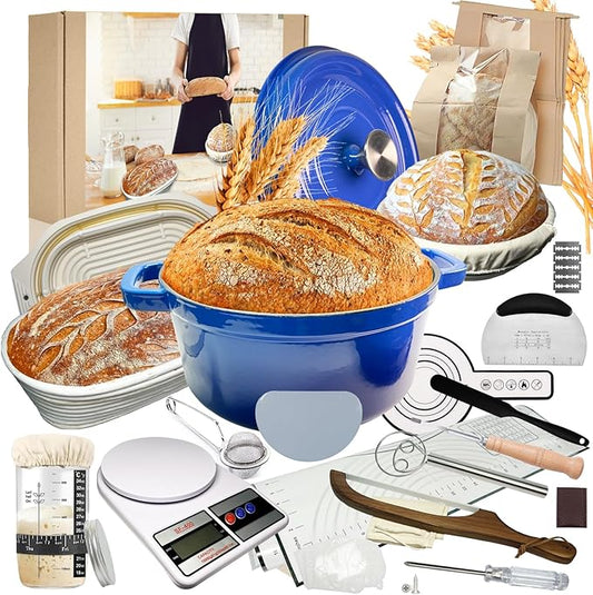 4 Color Complete sourdough bread makin Starter Kit,Sourdough Bread Baking Supplies for Beginner with Pot, Banneton Bread Proofing Baskets, Starter Jar, Scraper, Bread Making Tools & More (Blue)