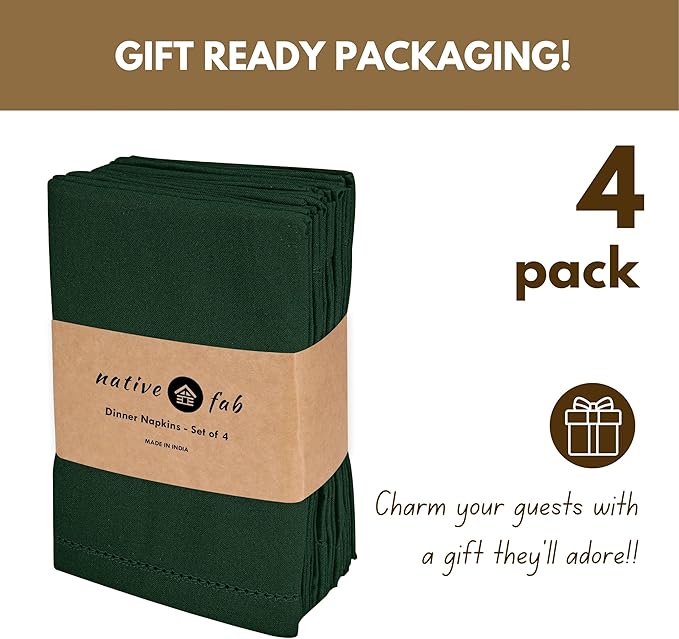 Native Fab Cloth Napkins Set of 4, Hemstitched Edges 100% Cotton, Washable Fabric Napkins, 18x18 inch, Soft, Comfortable, Reusable Table Napkins for Lunch, Parties, Events, Dinner - Forest Green