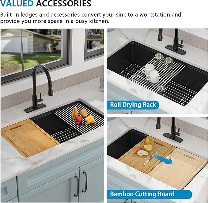 32x19 Granite Composite Kitchen Sink - Undermount Ledge Workstation Matte Black Quartz Classic Under Counter Single Bowl Basin