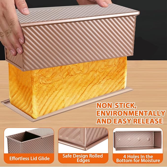 Non-Stick Pullman Loaf Pan with Lid 13x4 Inch - 2.2lb Carbon Steel Bread Baking Pan with 4 Vent Holes, Heavy Duty Sourdough Loaf Pan with Cover for Homemade Sandwich Bread (Gold)