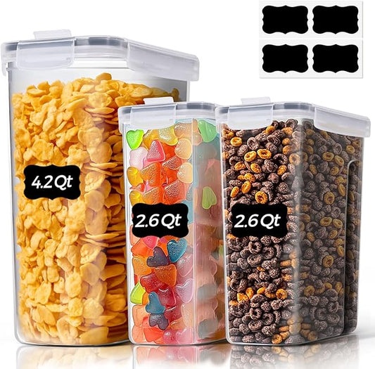 ComSaf 3 PCS Cereal Storage Containers Set, Airtight Food Containers with lid for Rice Pet food, Medium & Small Cereal Dispenser for Kitchen Pantry Organization (4L + 2.5L×2)