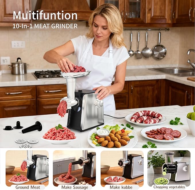 Electric Meat Grinder 2800W Sausage Stuffer Maker 4-In-1 Vegetable Shredder With 3 Slice, Shred Blades,5 Blades,Sausage Stuffer,Kubbe Kit For Home Kitchen Use