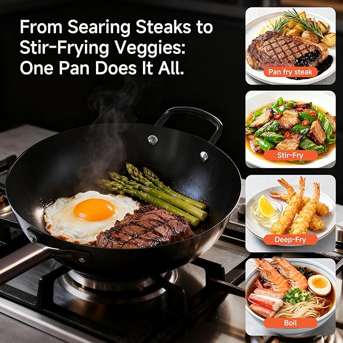 13.5" Carbon Steel Wok Pan - Pre-Seasoned Flat Bottom Woks & Stir-fry Pans Chinese Cookware with Lid & Spatula - For Pan-fry,Stir Fry, Steam, BBQ & Camping - Compatible with Induction, Gas