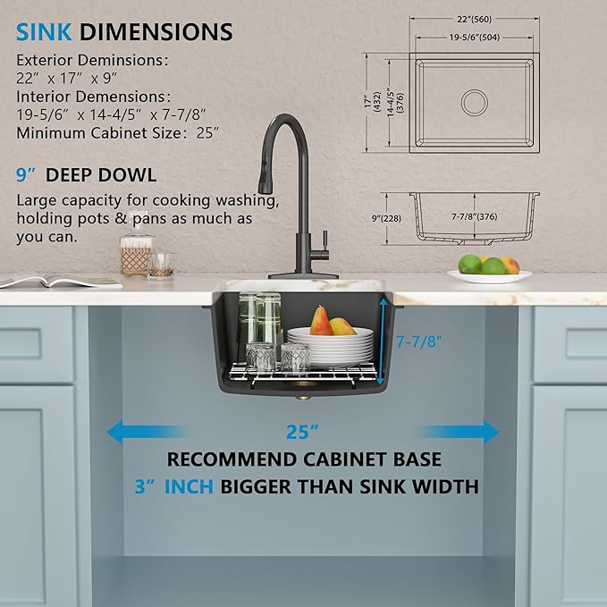 22"x17" Undermount Wet Bar Sink - Matte Black Granite Composite Quartz Classic Single Bowl Under Counter Small Kitchen Bar Prep RV Sink Basin