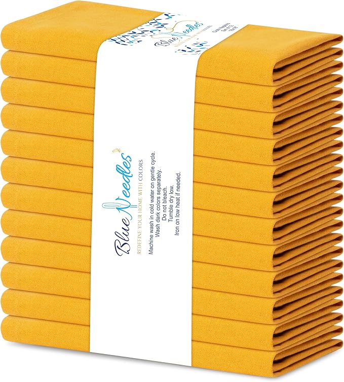 Blue Needles Solid Cloth Napkins Set of 12 Golden Yellow 100% Cotton Dinner Napkins 18x18 inches - Soft, Reusable, Absorbent & Washable Fall Thanksgiving Linen Ideal for Events, Parties & Everyday Use