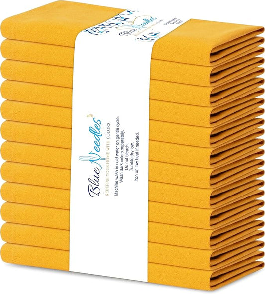 Blue Needles Solid Cloth Napkins Set of 12 Golden Yellow 100% Cotton Dinner Napkins 18x18 inches - Soft, Reusable, Absorbent & Washable Fall Thanksgiving Linen Ideal for Events, Parties & Everyday Use