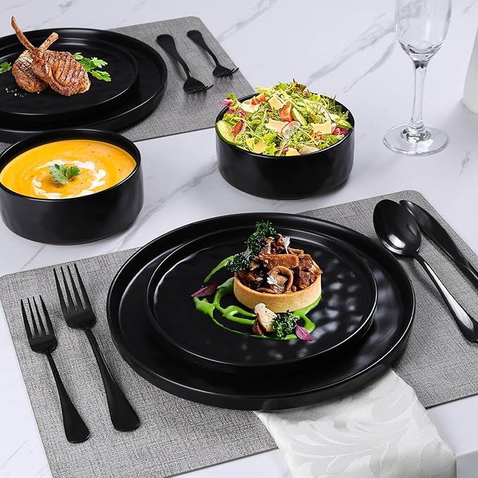 LIANYU Dinnerware Dishes Sets for 4, 12 Piece Stoneware Dinner Plates and Bowls Set, Ceramic Dinning Dishware Includes Salad Plate, Cereal Bowls, Chip Resistant & Dishwasher Safe, Obsidian Matte Black