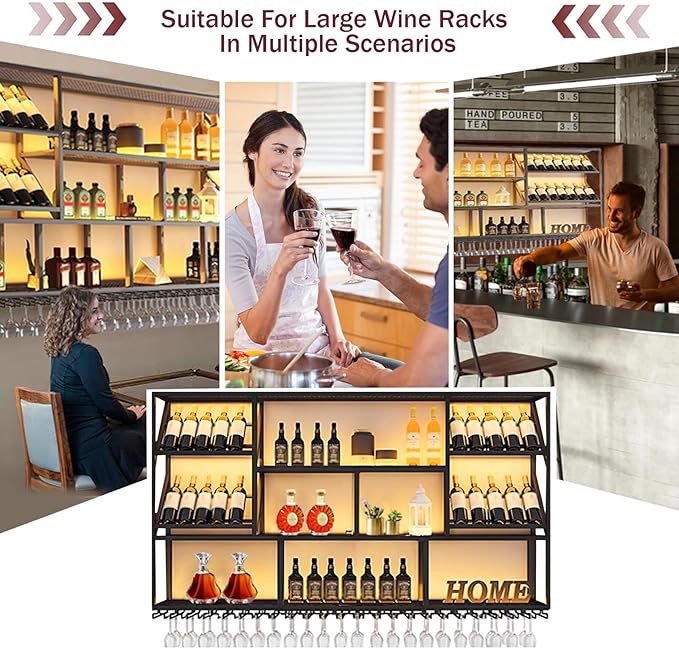 3 Tier Wall Mounted Metal Wine Rack, Modern Industrial Liquor Bottle Display Shelves, Large Bar Shelf with Wine Glass Rack, Black, for Home Kitchen, Dining and Bar (79 in)