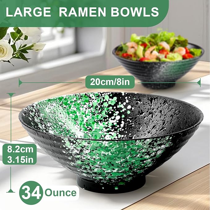 8-Inch Ceramic Ramen Bowl Set of 4 (17 Piece) - Porcelain Japanese Salad Noodles Cereal Fruit Pasta Soup Large Bowls with Recipes Chopsticks Forks Spoons for Men Women Gift Microwave Dishwasher Safe