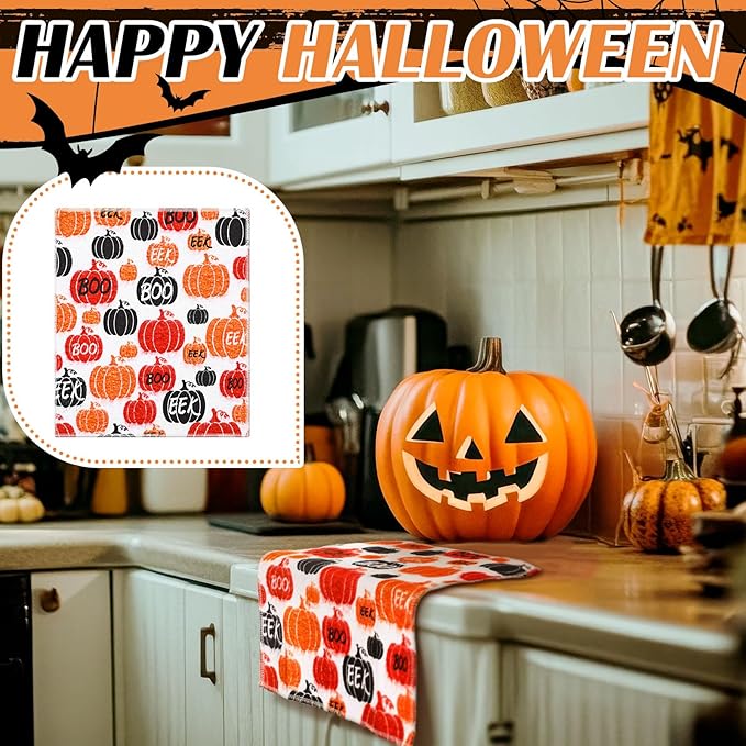 36 Pcs Halloween Reusable Paper Towels Rolls Washable Bulk Halloween Boo Ghost Pumpkin Kitchen Dish Towels Paperless Reusable Cloth Cotton Napkins with Cardboard for Kitchen Bathroom