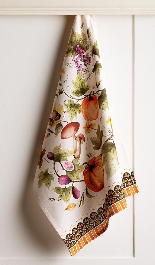 Maison d' Hermine Kitchen Towels Set of 3 100% Cotton 20" x 27.5" Reusable Cloth Tea Dish Towels Absorbent with Hanging Loop for Dining Thanksgiving Christmas Decorations (Pumpkin Garden - Dark Green)