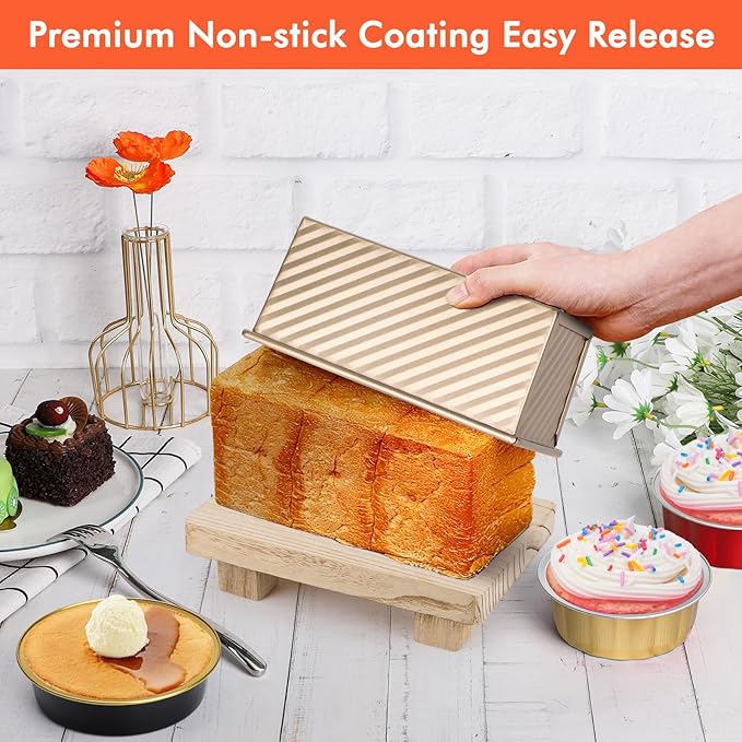 Beasea Pullman Loaf Pan with Lid, 2 Pack 0.5 lb Small Non-Stick Bread Loaf Pans Carbon Steel Mini Bread Toast Box for Homemade Bread Toast Oven Baking - Gold