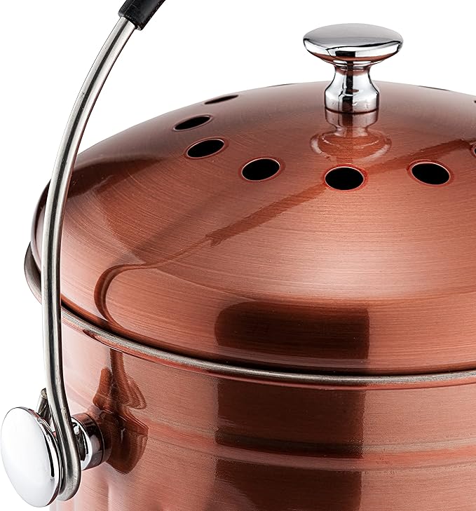 RED FACTOR Premium Compost Bin for Kitchen Countertop - Stainless Steel Food Waste Bucket with Innovative Dual Filter Technology - Includes Spare Filters (Matt Copper, 1.3 Gallon)