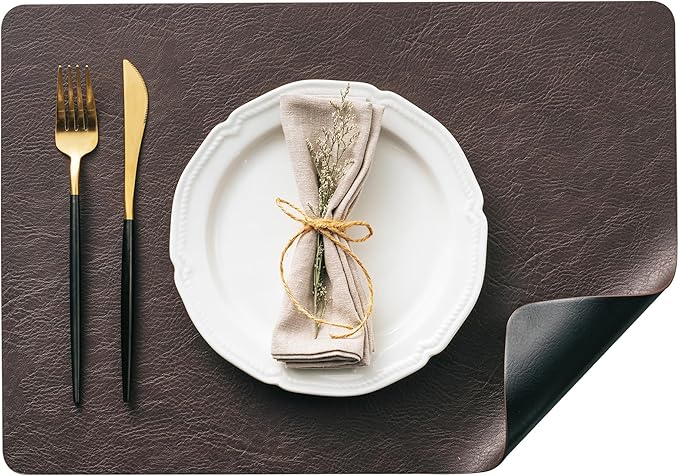 DOLOPL Placemats Set of 12 Reversible Dual-Color Table Place Mats – Heat Resistant Wipeable & Brown Placemats, Luxury Faux Leather Table Mats for Vintage Dining Decor(Dark Brown & Black)