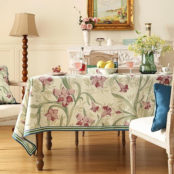 patdrea Designer Small Purple Tablecloth for Square Tables,Framhouse Linen Violets and Leaves Pattern Linen Tablecloth,Elegant Floral Table Cover Cloth Decor for Kitchen Dining Christmas,55"*55"