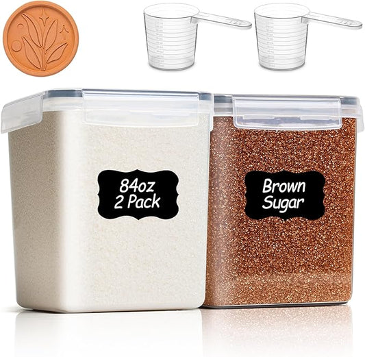 ComSaf Brown Sugar Container Set of 2 (2.5L/2.6Qt), Airtight Food Storage Containers with Lids and Terra Cotta Brown Sugar Saver, Plastic Canisters Sets for Kitchen, Pantry Organizer for Flour, Baking