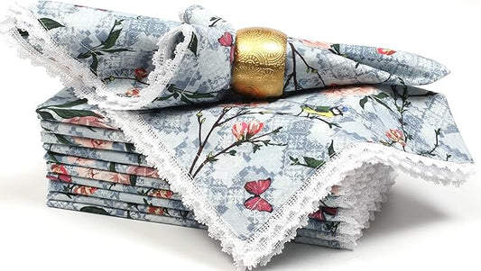 Bedding Craft Printed Cotton Dinner Napkins Set of 12 – 18x18 Lace Birds Design – Elegant & Reusable Fabric Table Napkins for Dining, Parties, Weddings & Everyday Use