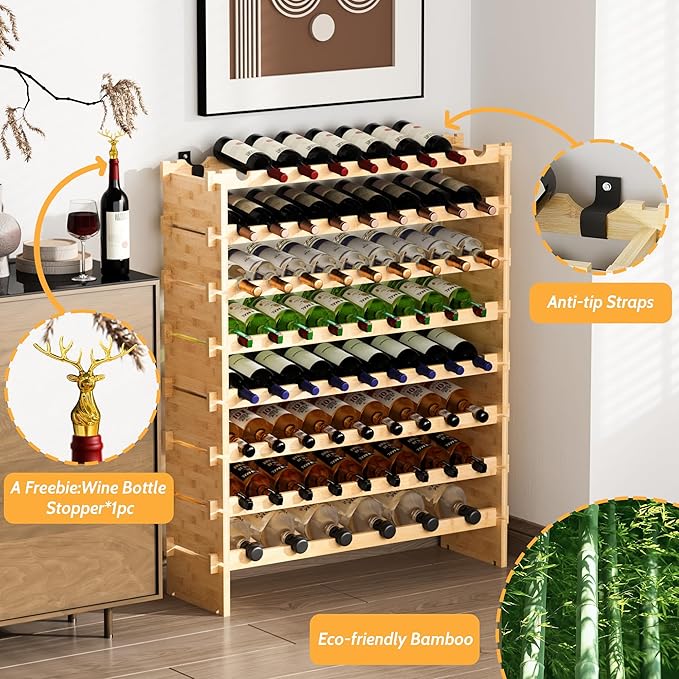 Wine Rack Freestanding Floor, Bamboo 8-Tier 69 Wine Bottle Holder Racks Countertop Cabinet Display, Wooden Stackable Modular Wine Storage Organizer Shelves for Kitchen Bar Cellar Dining Room Natural