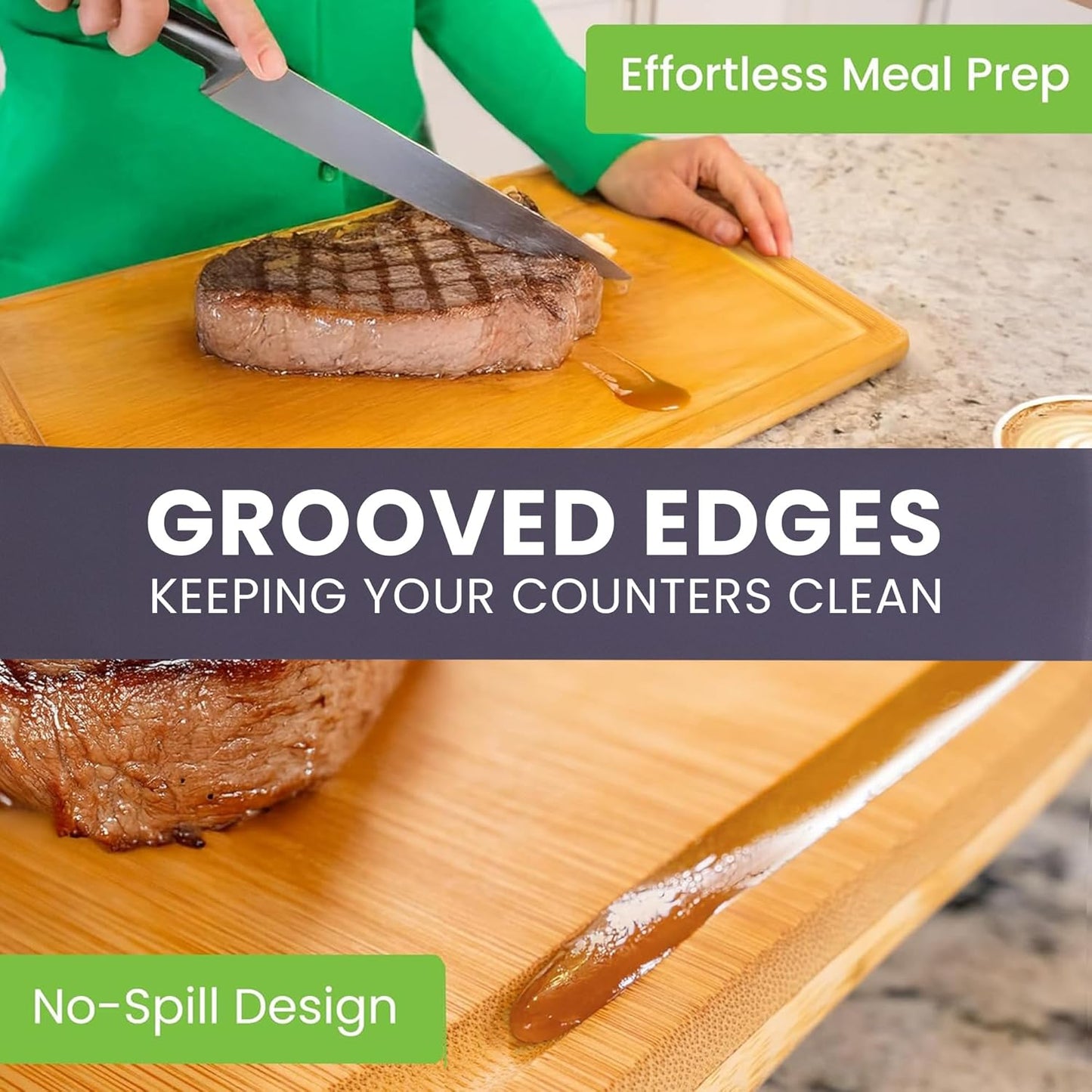 Extra Large Bamboo Cutting Board Set of 4 – Wood Cutting Boards for Kitchen with Glue-Free Surface™ & Juice Groove – Non-Toxic Wooden Chopping Boards, FSC-Certified, Durable Carving Boards - Rectangle