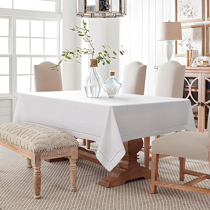 Linen World Hemstitch Linen Tablecloth, French Linen White Tablecloth 90" x 60" Inch, Washable Rectangular Table Cloth for Dining, Outdoor, Weddings and Restaurants, Decorative Valentine Easter
