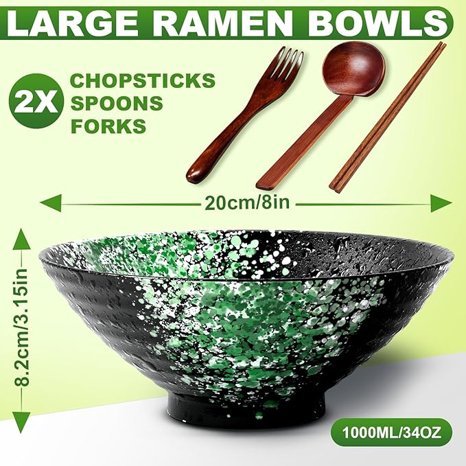 8-Inch Large Ceramic Ramen Bowl Set of 2 (9 Piece) - Microwave & Dishwasher Safe Porcelain Japanese Salad Noodles Cereal Fruit Pasta Soup Bowls with Recipes Chopsticks Forks Spoons for Men Women Gift
