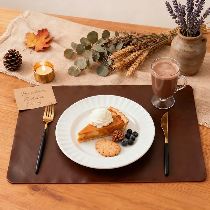 DOLOPL Placemats Set of 8 Reversible Dual-Color Table Placemats – Heat Resistant Wipeable & Brown Placemats, Luxury Faux Leather Table Mats for Vintage Dining Table Decor（Dark Brown & Black）