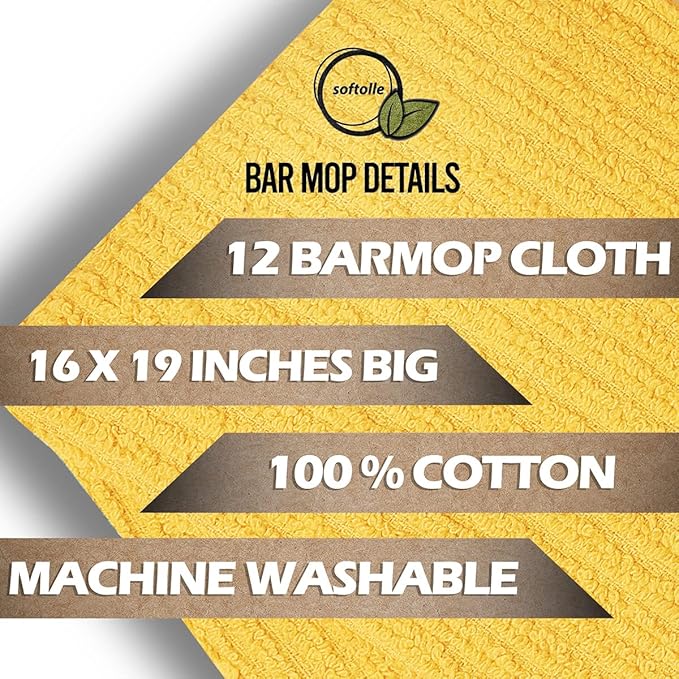 Softolle Bar Mop Towels, Pack of 12-16x19 Inches - 100% Cotton Super Absorbent Towels, Multi-Purpose for Home and Bar Cleaning (Yellow)