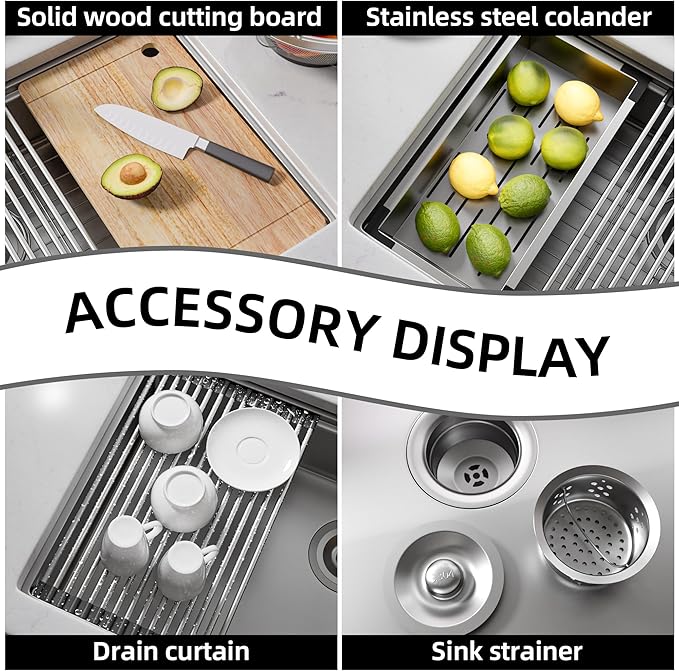 33 Undermount Kitchen Sink, 33x19 Stainless Steel Sinks 16 Gauge Deep Single Bowl Workstation，Under Counter Kitchen Sink with Built-in Accessories