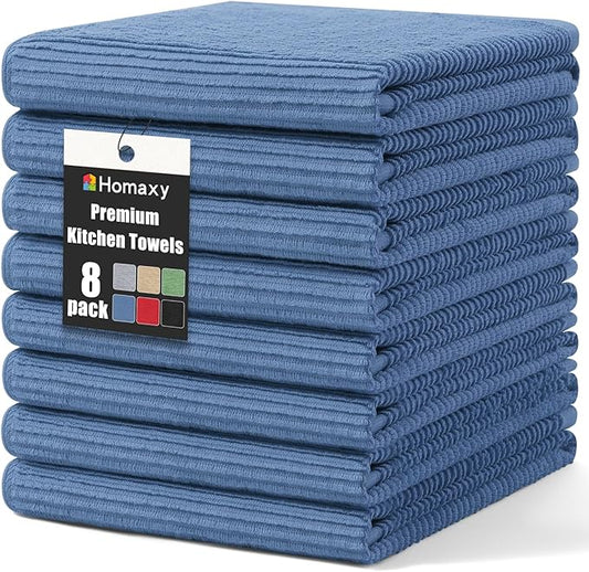 Homaxy Premium Kitchen Towels (18"x 28", 8 Pack), Large 100% Cotton Kitchen Hand Towels, Ultra Absorbent Ribbed Terry Tea Towels Set with Hanging Loop, Navy Blue