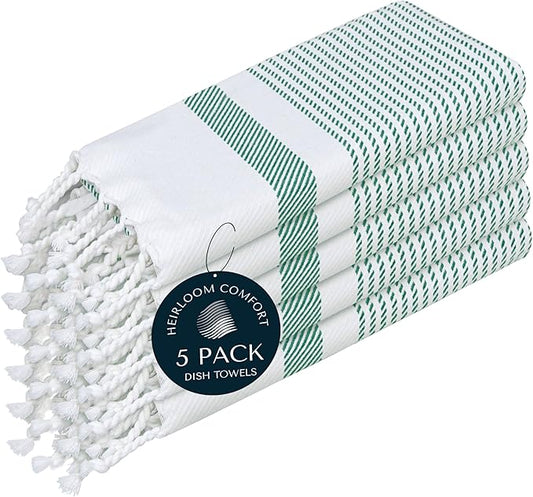 Turquiose Green Turkish Kitchen Towels 16"x26", 5 Pack, 100% Cotton, Ultra Absorbent, Soft, Fast Dry, Machine Washable, Dish Towel with Tassels for Drying Dishes, Cleaning, Wiping
