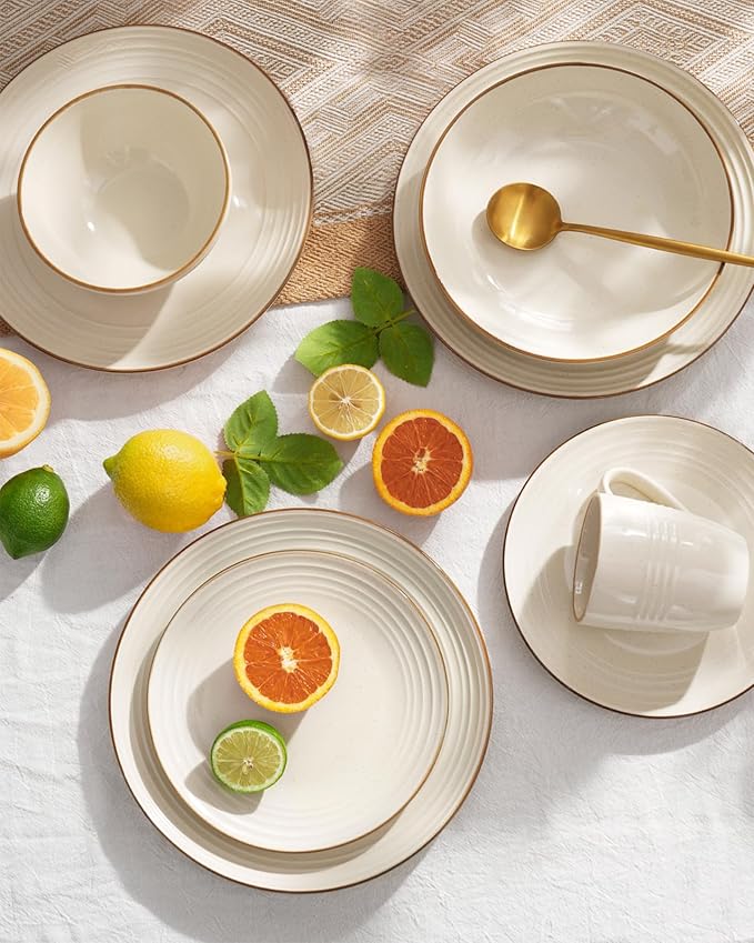 Famiware Jupiter Dinnerware Set, Plates and Bowls Dish Sets for 6 (18 Pieces), Microwave and Dishwasher Safe Stoneware Speckled Tableware, Chip and Scratch Resistant, Vanilla White