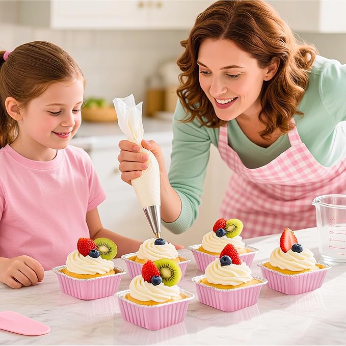 60 Pack Mini Cake Pans with Lids Mini Aluminum Pans, Disposable Loaf Pans Cupcake Liners with Lids for Pudding, Souffle, Party, Wedding(Pink, 5 oz)